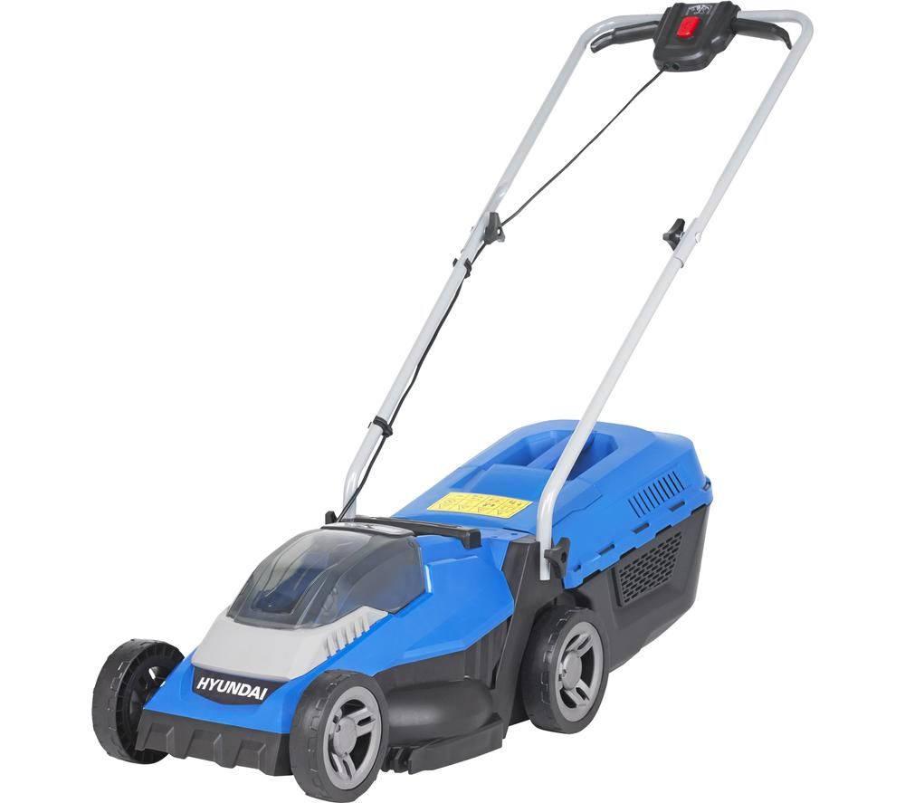 Hyundai HYM40Li330P cordless lawnmower in blue and black, featuring a 33cm cutting width, a transparent grass collection box, and a foldable handle for easy storage.