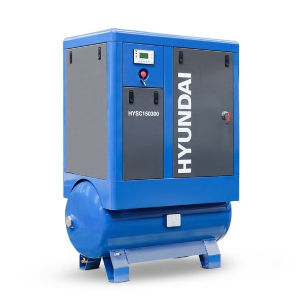 Blue Hyundai 15hp screw compressor with a 300-litre tank, featuring a digital control panel, sturdy metal casing, and prominent "HYUNDAI" branding on the front.