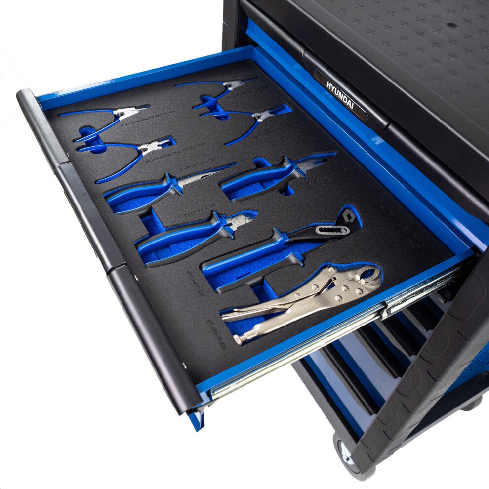 Hyundai 175 Piece 7 Drawer Tool Chest Cabinet features a black and blue design, with organized tools in foam inserts, including pliers and wrenches, on a castor-mounted frame.