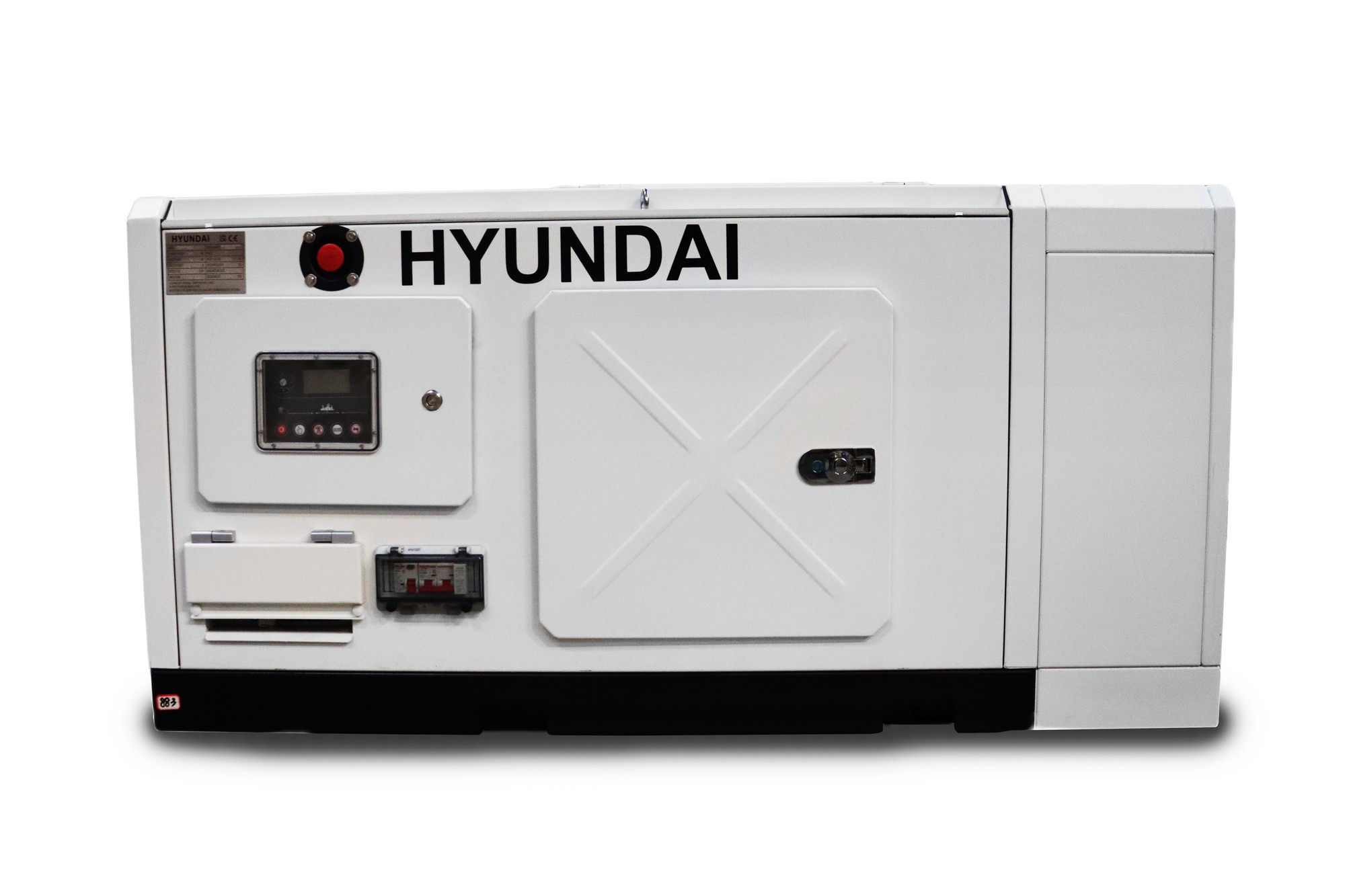 White Hyundai diesel generator with a digital control panel, multiple outlets, and a sturdy metal casing, featuring the brand name "HYUNDAI" prominently displayed.