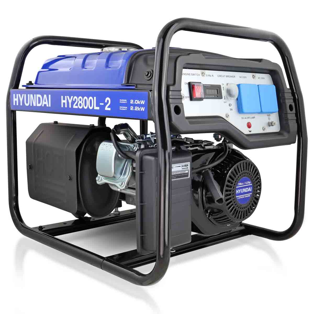 Hyundai HY2800L-2 petrol generator features a blue and black metal frame, a control panel with various dials and switches, and a powerful engine visible on the side.