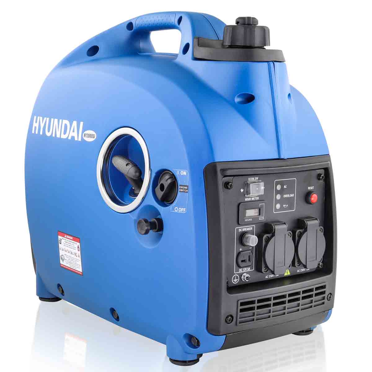 Blue Hyundai 2000w portable petrol inverter generator featuring a compact design, control panel with multiple outlets, and a prominent Hyundai logo on the side.