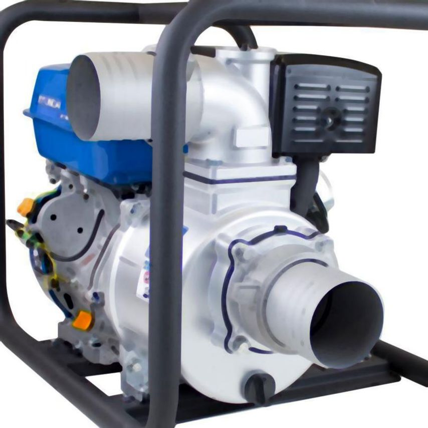 Hyundai 80mm petrol clean water pump in blue and white, featuring a robust metal frame, a visible engine, and a large outlet hose attachment for efficient water flow.