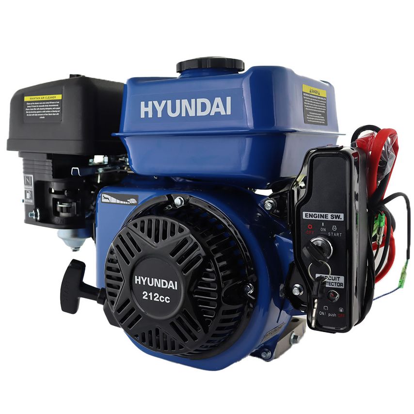 Blue Hyundai engine model IC210XE-19 with a 212cc capacity, featuring a black air filter, control panel with engine switch, and red wiring.