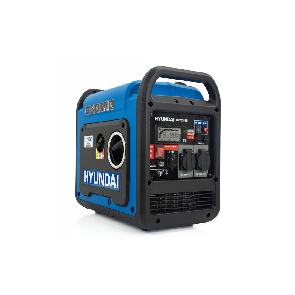 Hyundai HY2250SEi petrol inverter generator in blue and black, featuring an electric start, digital display, multiple outlets, and a compact, lightweight design for quiet operation.