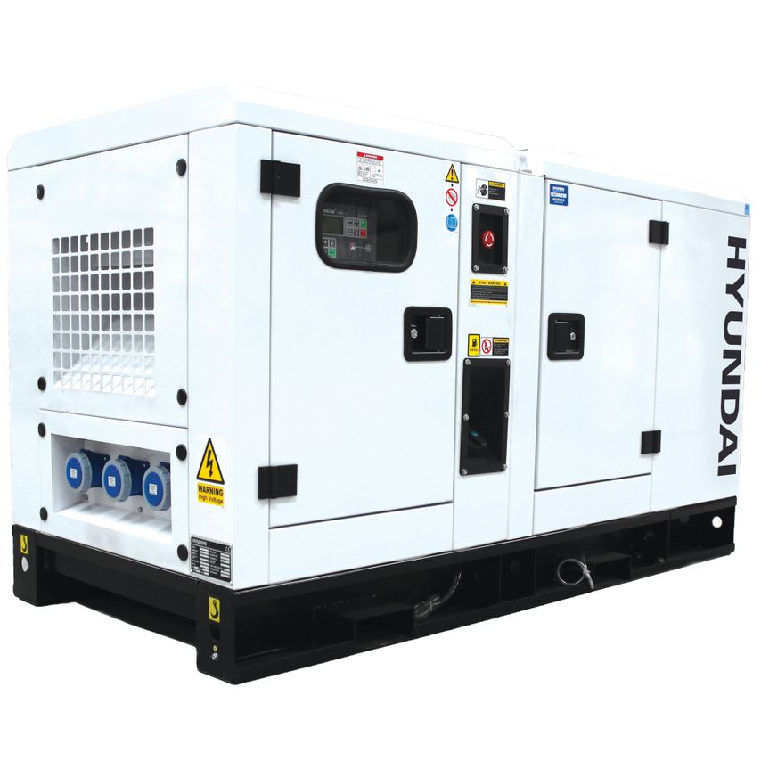 White Hyundai 18kw/22kva three-phase diesel generator with a sturdy metal casing, digital control panel, and blue outlets, featuring safety warning labels and ventilation grilles.