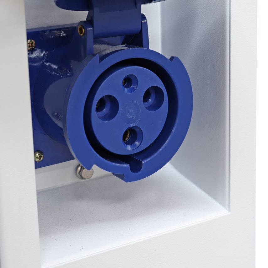 Blue power outlet socket with four circular ports, mounted on a white generator casing, showcasing the Hyundai 22kw/27.5kva Single Phase Diesel Generator's design.
