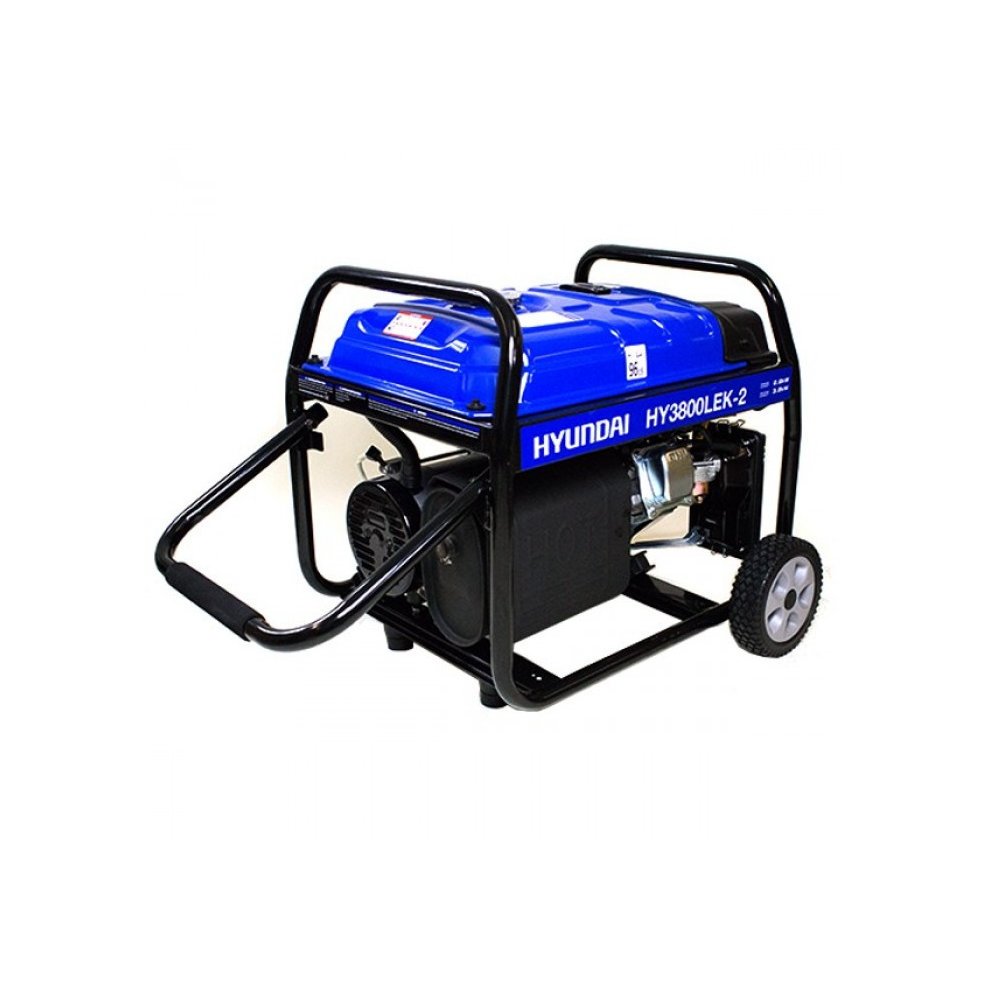 Hyundai HY3800LEK-2 petrol generator with a blue plastic top, black metal frame, recoil start, and two wheels for portability.