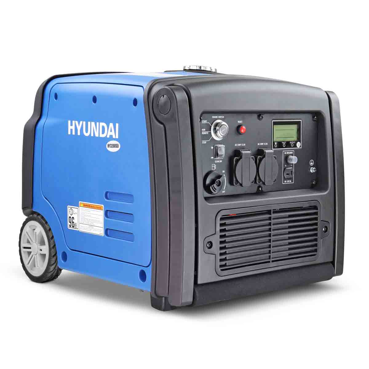 Blue and black Hyundai HY3200SEi portable petrol inverter generator with a digital display, control panel, and wheels for easy mobility, rated at 3.2kW power output.