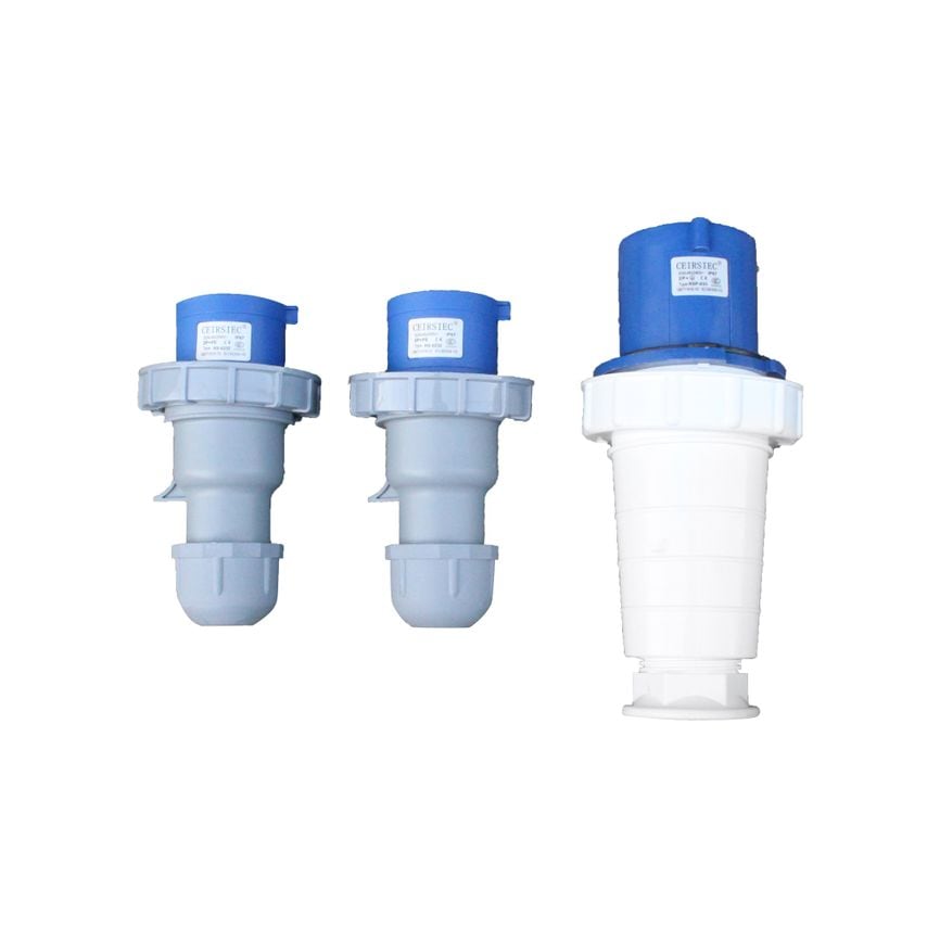 Three blue and gray electrical connectors with varying sizes, featuring a robust design and labeled for identification, suitable for industrial applications.