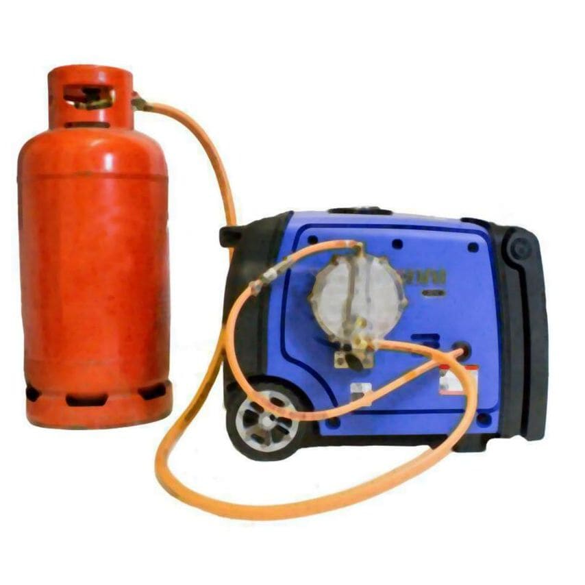 Hyundai 4000W portable inverter generator in blue with a black casing, featuring a gas connection, alongside a red gas cylinder connected by an orange hose.