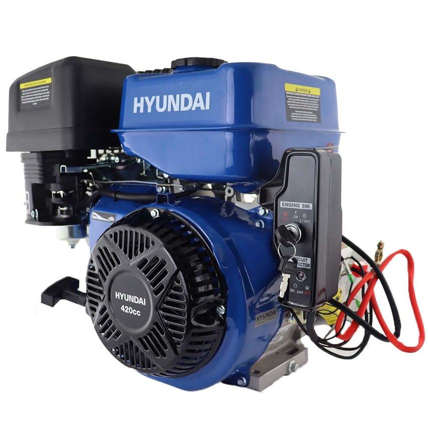 Blue Hyundai engine model IC460XE-25 with a black air filter, control panel featuring an engine switch, and visible fuel lines, showcasing a robust and compact design.
