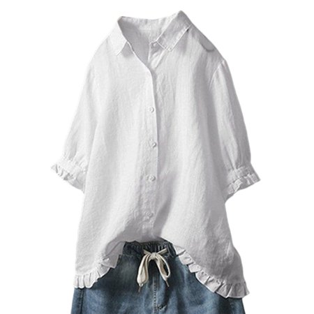White linen blouse with a button-up front, three-quarter sleeves, and ruffled hem, paired with denim shorts featuring an elastic drawstring waist.