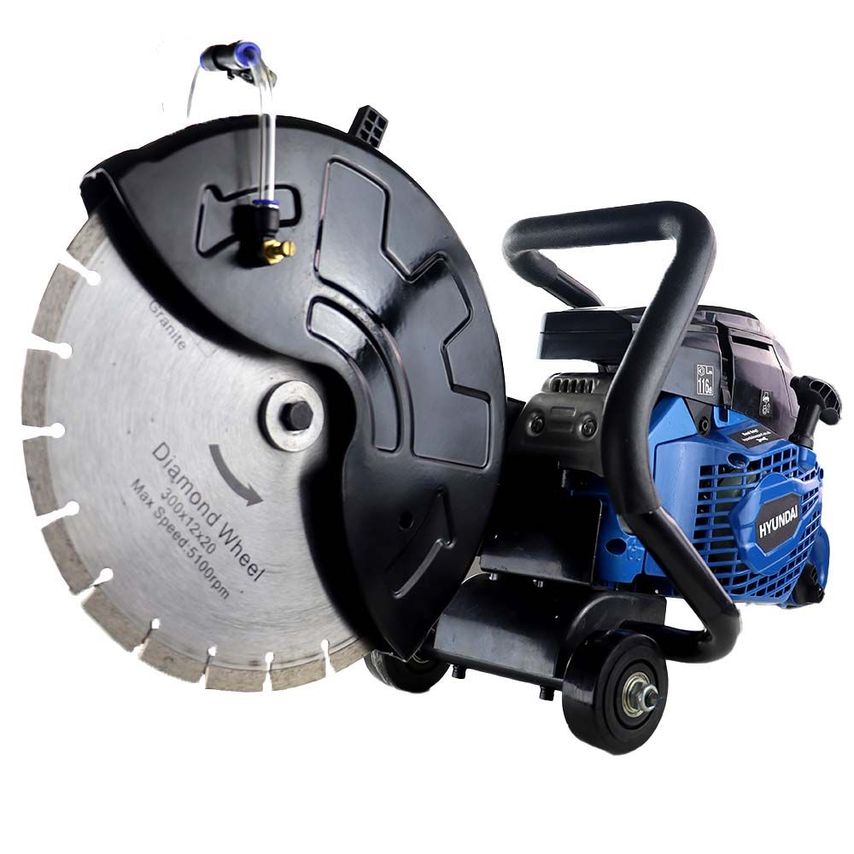 Hyundai petrol disc cutter in blue and black, featuring a 58cc engine, 12-inch diamond disc, and a sturdy handle, designed for cutting concrete.
