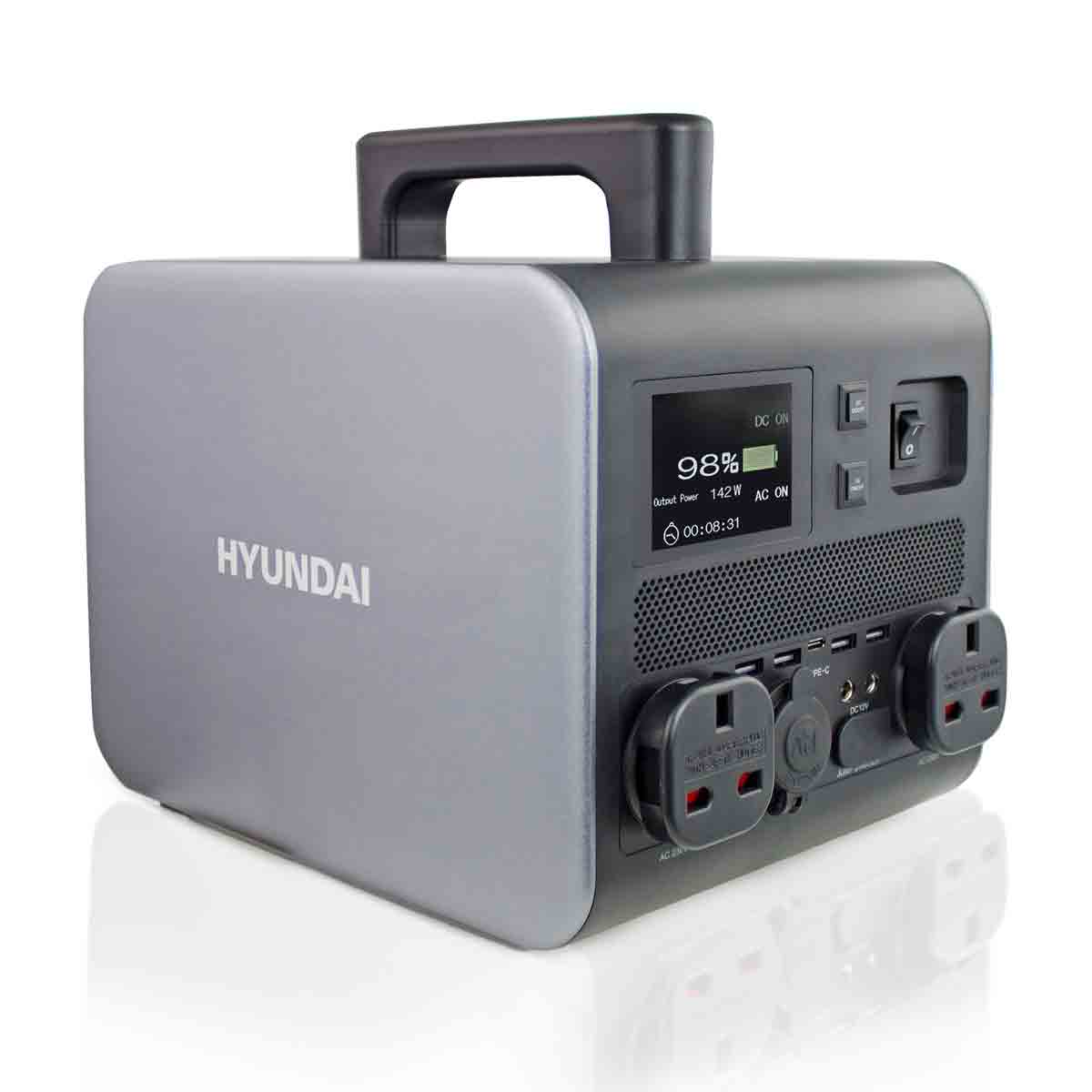 Compact Hyundai Portable Power Station HPS-300 in grey with a handle, featuring an LCD display, two AC outlets, and multiple charging ports for versatile power solutions.