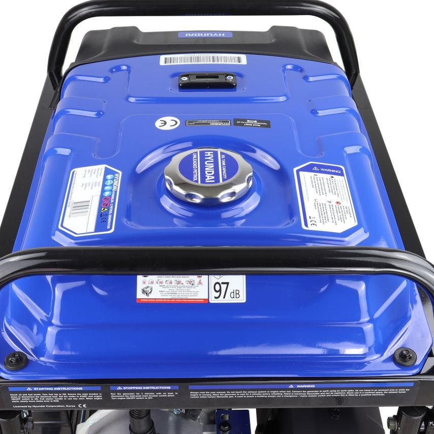 Blue Hyundai petrol generator with a sturdy metal frame, featuring a fuel cap, control panel, and a noise level indicator showing 97 dB.