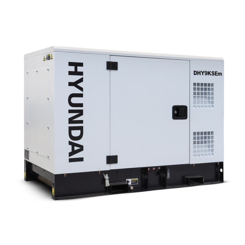 White Hyundai Diesel Generator DHY9KSEm with black base, featuring a large side vent, front access door, and prominent Hyundai branding in bold letters.