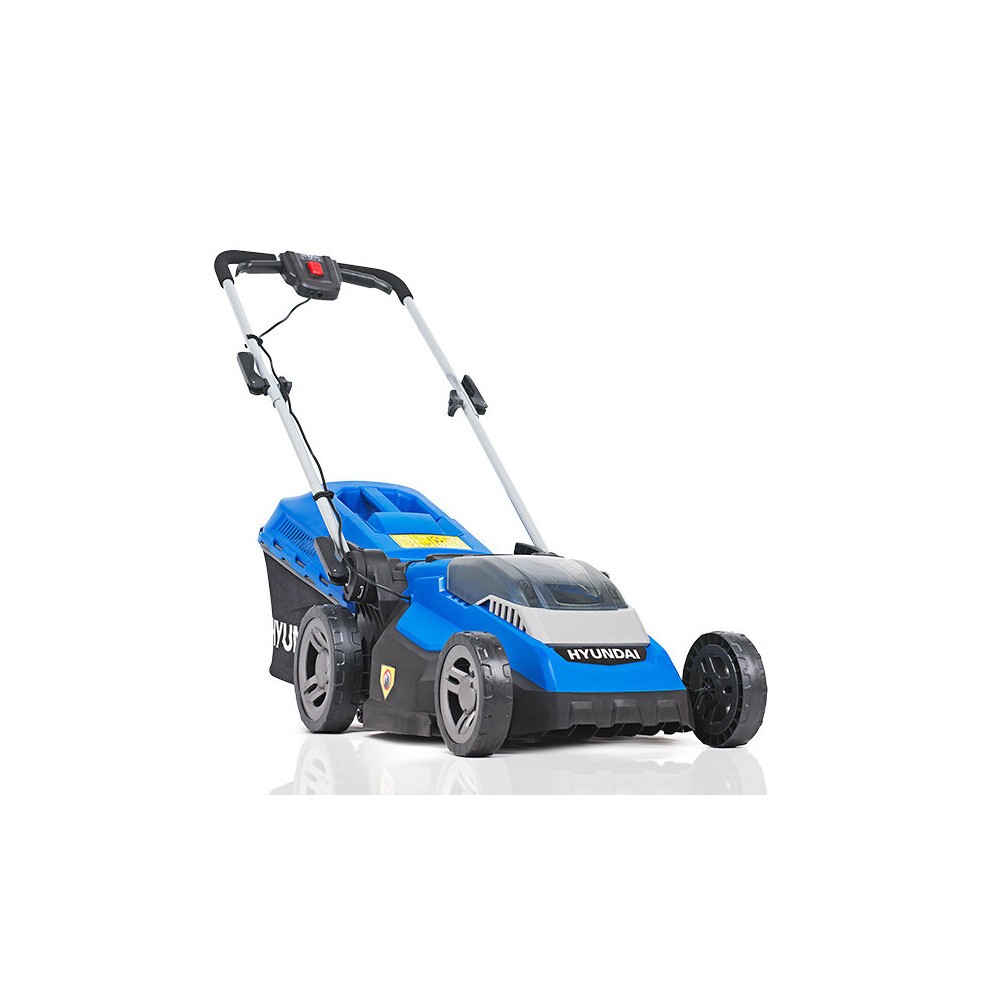 Blue and black Hyundai cordless lawnmower with a 38cm cutting width, featuring a foldable handle, battery compartment, and a grass collection bag.