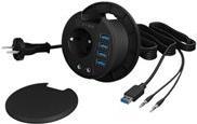Black circular socket outlet with three USB ports, power cord, and a flat cover, designed for easy access to power and charging in various settings.