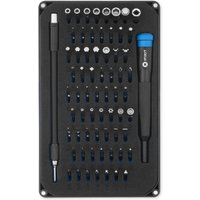 iFixit EU145299 tool kit with 64 precision bits, black handle with blue grip, and flexible extension rod in foam case