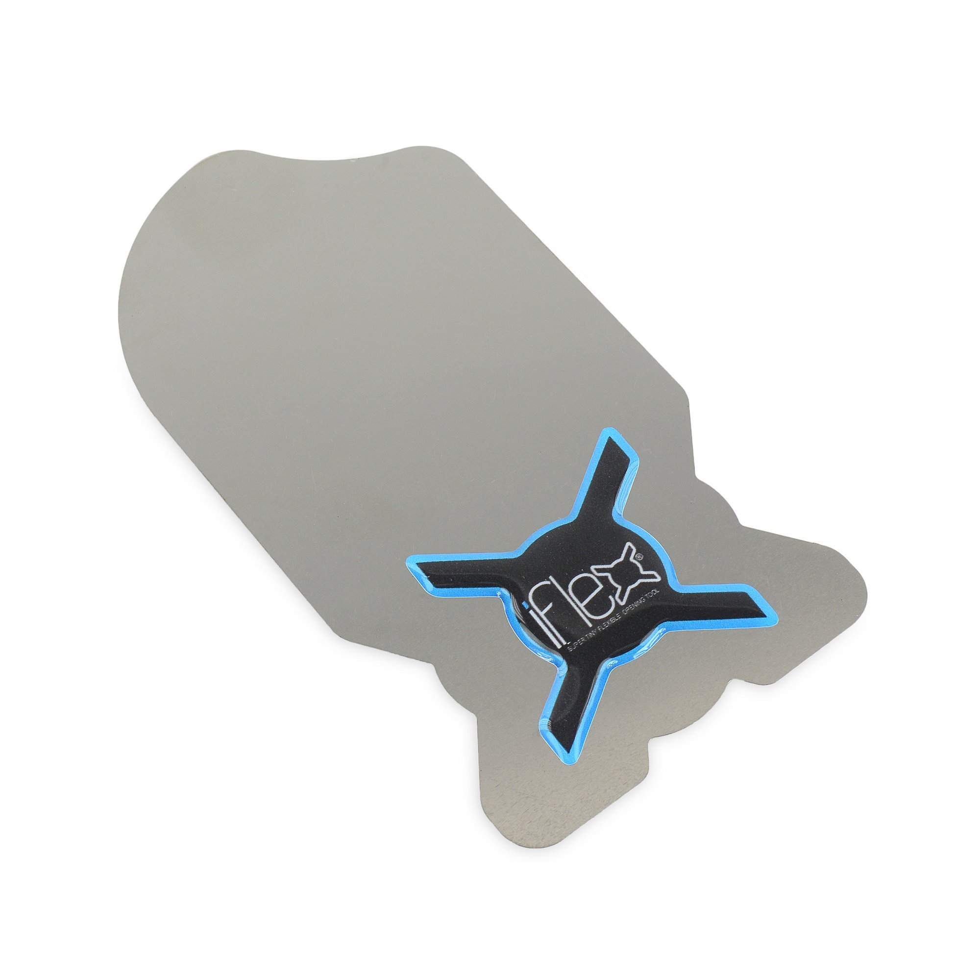 Silver metal repair tool with a rounded edge and a black and blue iFixit logo, designed for electronic device disassembly.
