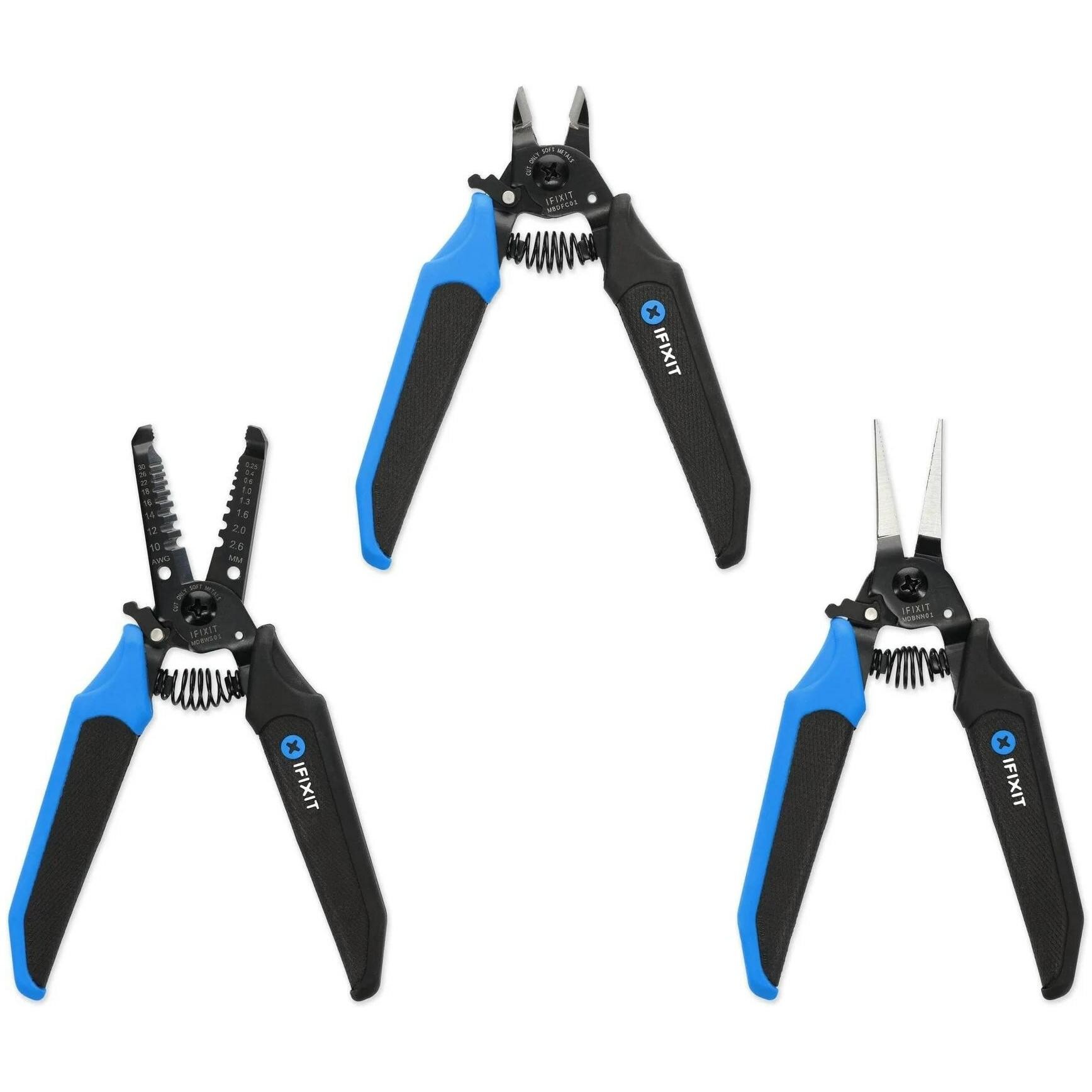 Three pliers in a set featuring black rubberized grips with blue accents, including wire strippers, needle-nose, and cutting pliers, designed for precision and comfort.