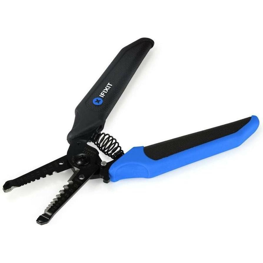 Black and blue iFixit Mandible Wire Strippers with a spring-loaded mechanism, featuring serrated jaws for gripping and cutting wires.