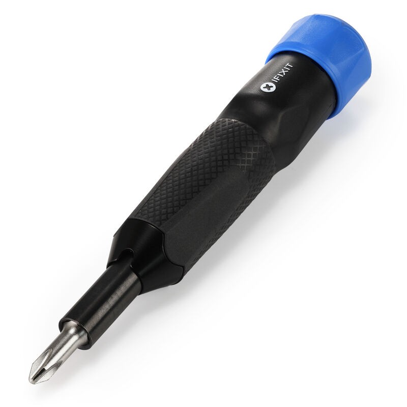 A black and blue 6-in-1 screwdriver with a textured grip and interchangeable bits, featuring a blue cap and a silver metal shaft for versatility in repairs.