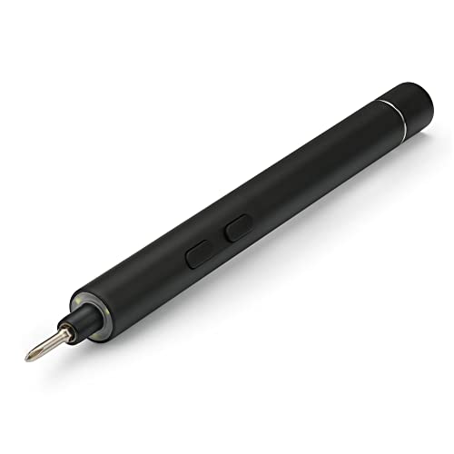 Black precision electric screwdriver with a sleek, cylindrical design, featuring two buttons and a visible metal tip for interchangeable bits.