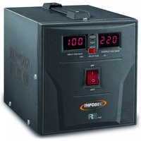 Black Infosec R2 Pro 1500 voltage regulator with digital display, two AC outlets, and handle on top.
