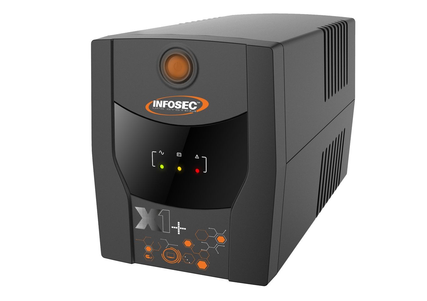 Black Infosec X1+ 2200 FR/SCHUKO uninterruptible power supply with a prominent orange logo, LED indicators, and a sleek, compact design featuring ventilation grooves.