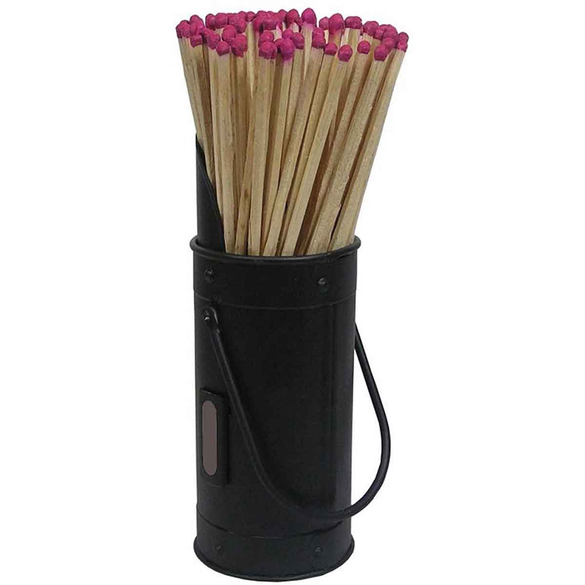 Black metal match holder with a handle, filled with long wooden matches featuring pink tips, designed for easy access and storage.