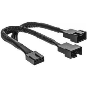 Black braided 4-pin PWM fan power Y-cable, featuring one male connector and two female connectors, measuring 0.15m in length.