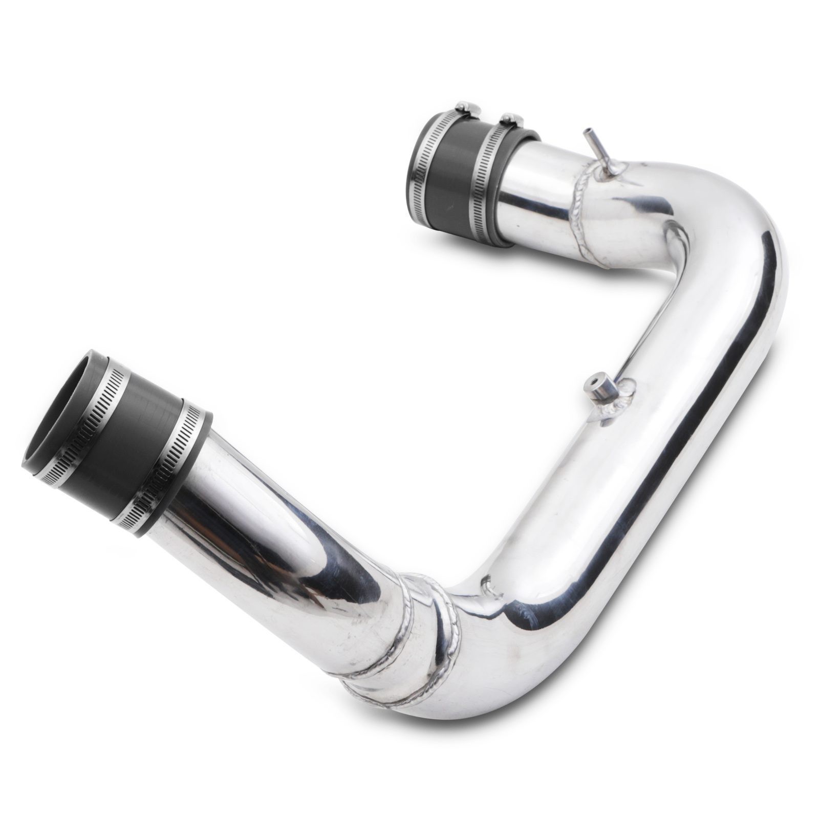 Polished silver aluminum intake crossover pipe with two black rubber couplings, designed for Ford Focus MK2 ST225 2.5 models from 2009 to 2011.