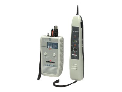 Intellinet Net Toner RJ12 Tone Generator in grey and black, featuring a compact design with buttons, LED indicators, and a probe with a pointed tip for tracing cables.