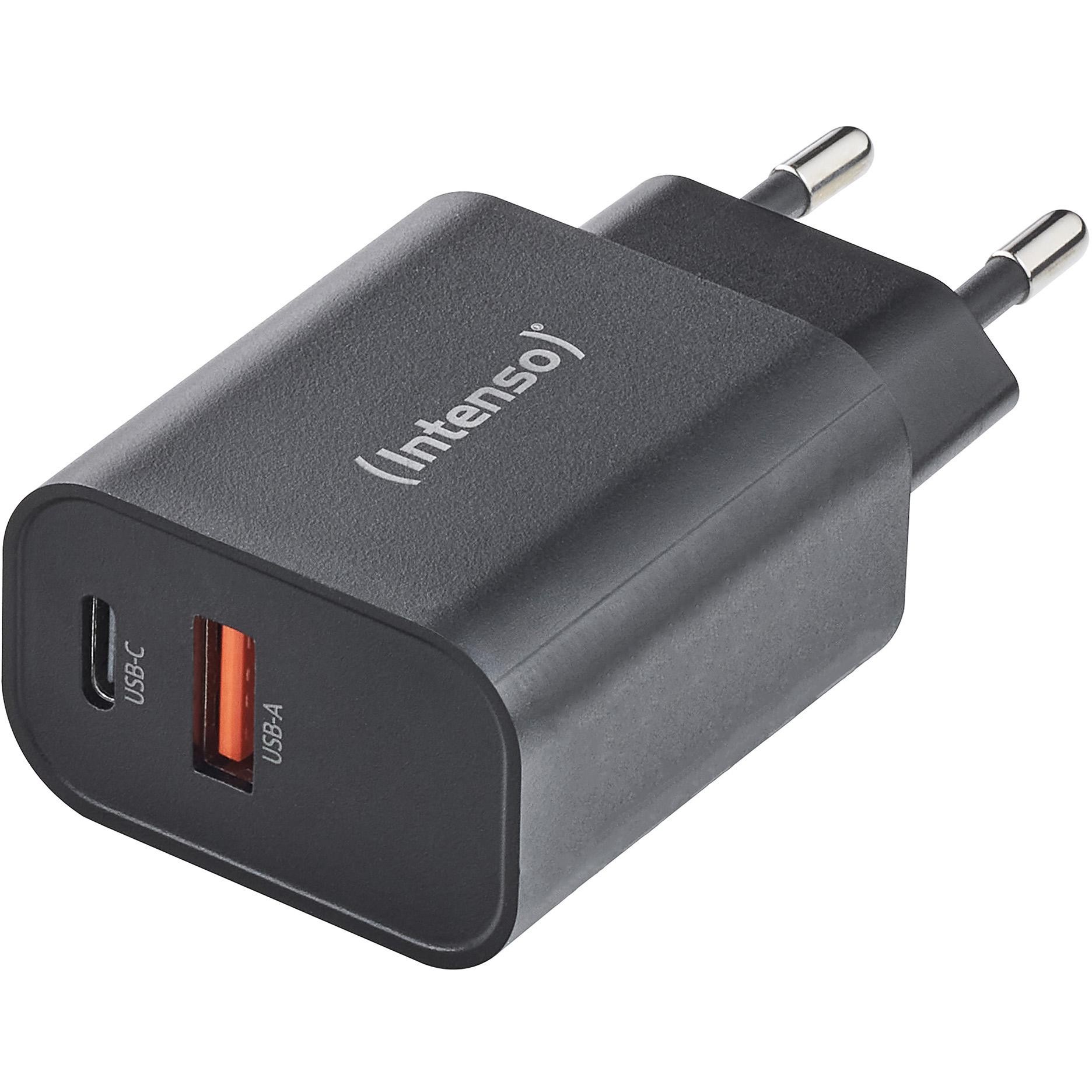 Black Intenso Power Adapter W30AC with a 30W output, featuring one USB-A and one USB-C port, designed for efficient charging.