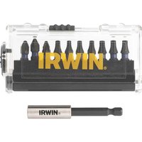 Irwin 10 piece screwdriver bit set with black bits in clear plastic case, includes silver bit holder with Irwin logo.