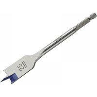 Irwin Blue Groove 4X flat bit, 28 x 152mm, silver with blue cutting edge and hex shank.