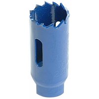 Blue Irwin bi-metal high-speed holesaw, 38mm diameter, with jagged cutting edge and side slots for debris removal.