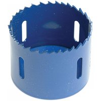 Blue Irwin bi-metal high-speed holesaw, 51mm diameter, with jagged teeth and four side slots for efficient cutting.