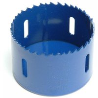Blue Irwin bi-metal holesaw with jagged edge and ventilation slots, 79mm diameter.