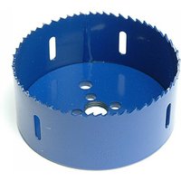Blue Irwin bi-metal high-speed holesaw, 117mm diameter, with jagged cutting edge and multiple side slots.