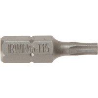 "Silver Irwin Torx Insert Bit Tx15, 25mm length, hexagonal base, pack of 10, engraved with IRWIN T15"