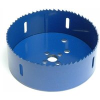 Blue Irwin bi-metal high-speed holesaw, 168mm, with jagged teeth and multiple circular cutouts on the base.