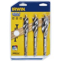Irwin Blue Groove wood power bit set with three silver bits in 20, 22, and 25mm sizes on a blue and yellow card.