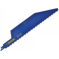 Blue Irwin masonry sabre saw blade, 300mm x 50mm, with jagged edge and yellow logo.