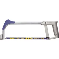 Irwin 12 Inch Hacksaw with silver frame, blue accents, ergonomic handle, and low tension blade.