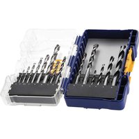 Irwin 15 Piece HSS Pro drill bit set in blue case with clear lid, featuring various sized silver and black drill bits.