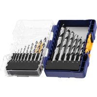 Irwin 15 Piece HSS Pro Drill Bit Set in blue plastic case with clear lid, featuring various sized silver drill bits.