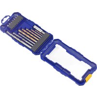 Blue Irwin case with 16 drill and screwdriver bits, including gold and silver bits, organized in slots.